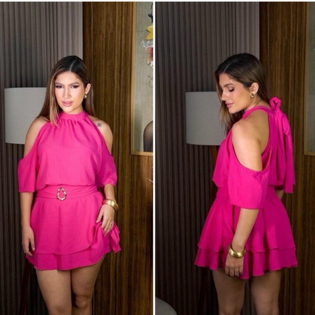 Vestido macaquinho Jamily, manga longa vazada detalhe fivela orgânica