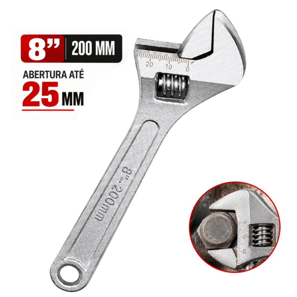 Chave Inglesa Ajustável 8 Polegadas 200mm Aço Carbono Abertura Até 25mm