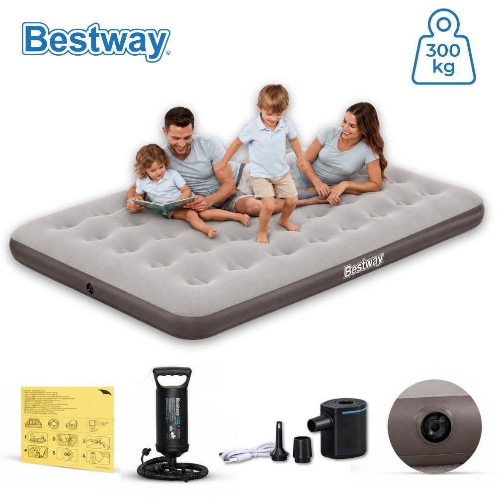 Colchão Inflável Bege Suporta 300kg Casal Camping Praia + Bomba de Ar Manual Bestway
