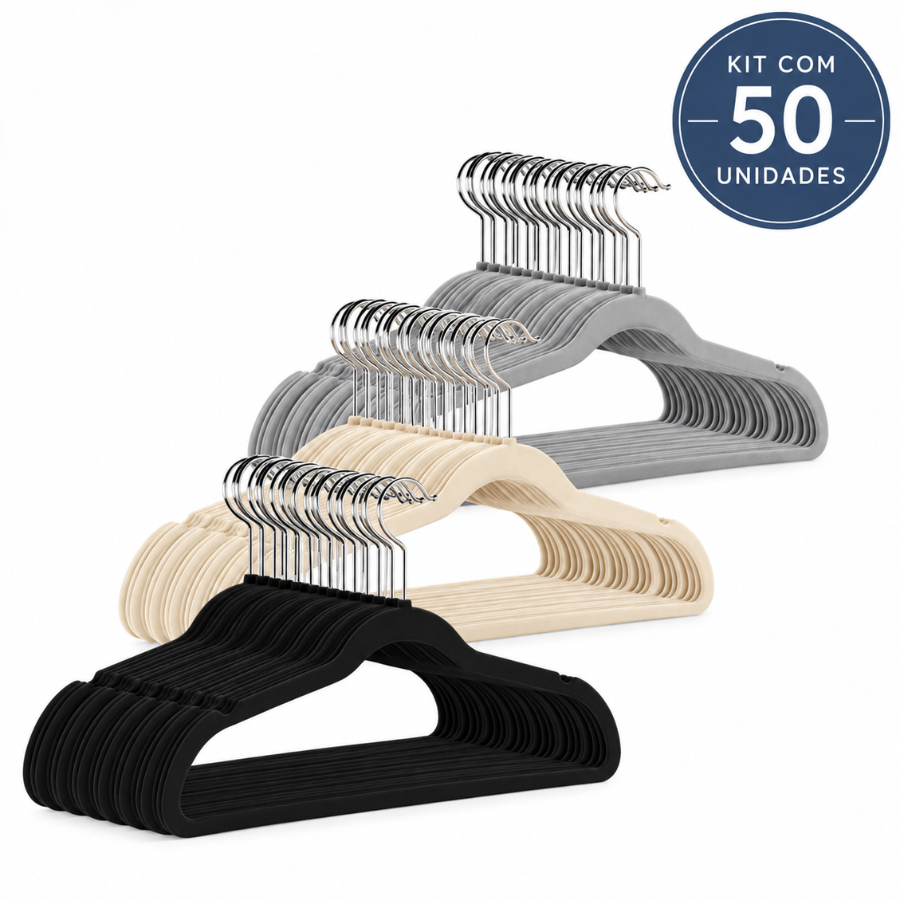 Kit Jogo 50 Cabides de Veludo Slim Adulto 360° Antideslizante Para Roupas