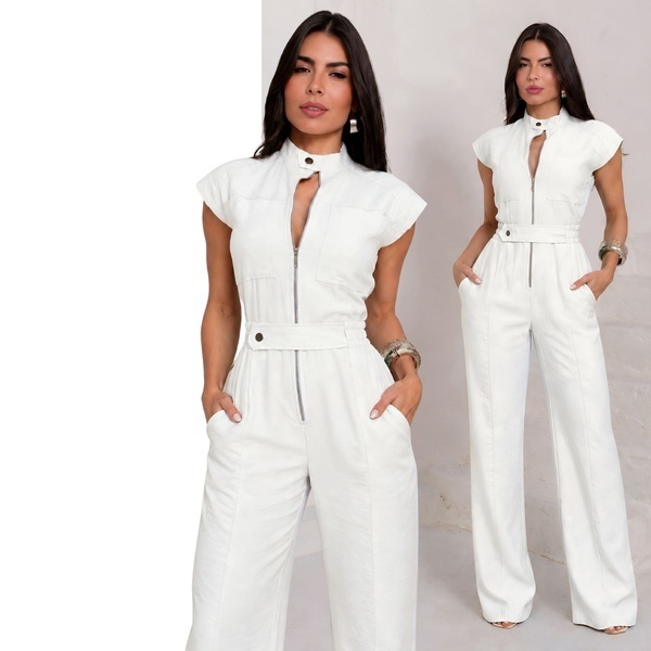 Macacão Feminino Longo Ziper Frontal Alfaiataria Elegante Cinto Gola Alta Bolsos Social Trabalho Festa P ao G3 Plus Size