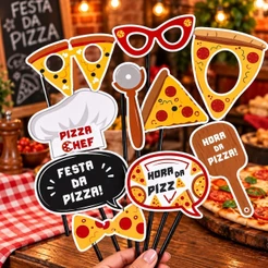 KIT 10 PLAQUINHAS DIVERTIDAS SELFIE FESTA DA PIZZA (COD 23) (CHOCO)