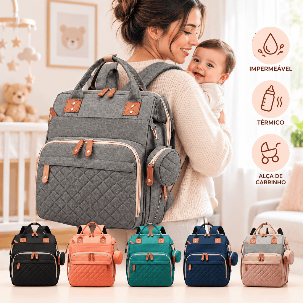 Mochila Maternidade Grande Impermeável Bolsa Maternidade para Bebê com Porta Mamadeira e Alça de Carrinho