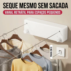 Varal Retrátil de Parede Branco 4,2m Automático 2 Cordas – Suporte 60kg para Apartamento e Lavanderia Yesop