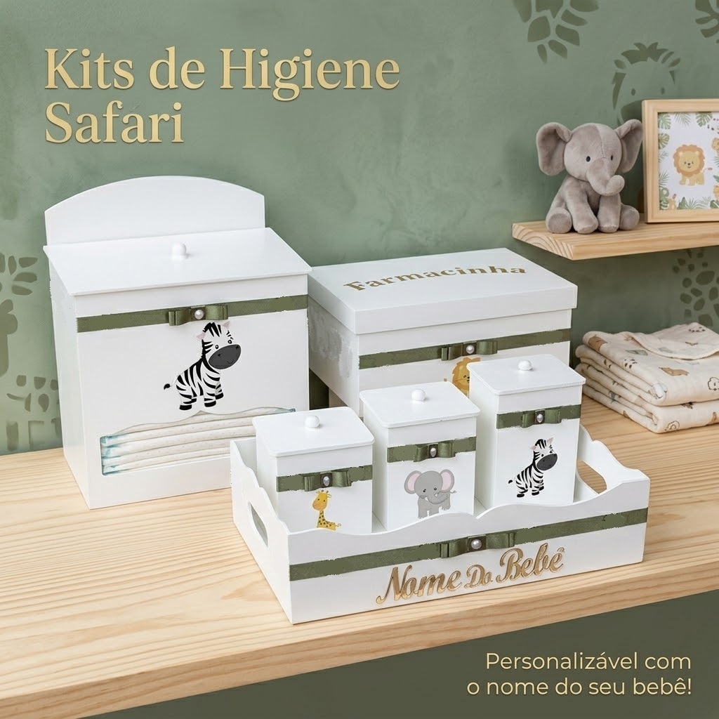 Kit Higiene Safari com 6 peças em Madeira MDF Personalizado