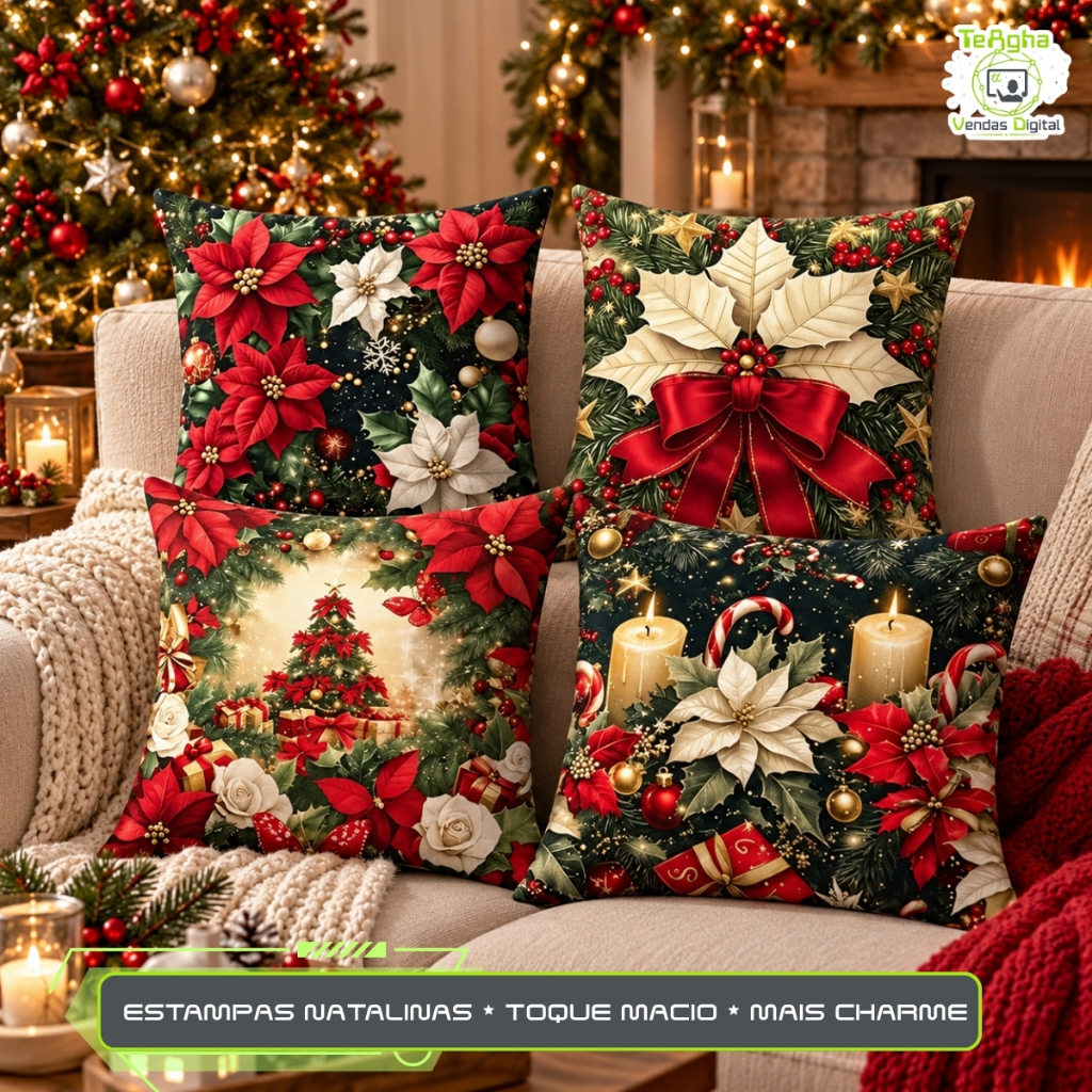 Kit 4 Capas de Almofada Natalinas 45x45cm Estampadas Papai Noel Decoração de Natal