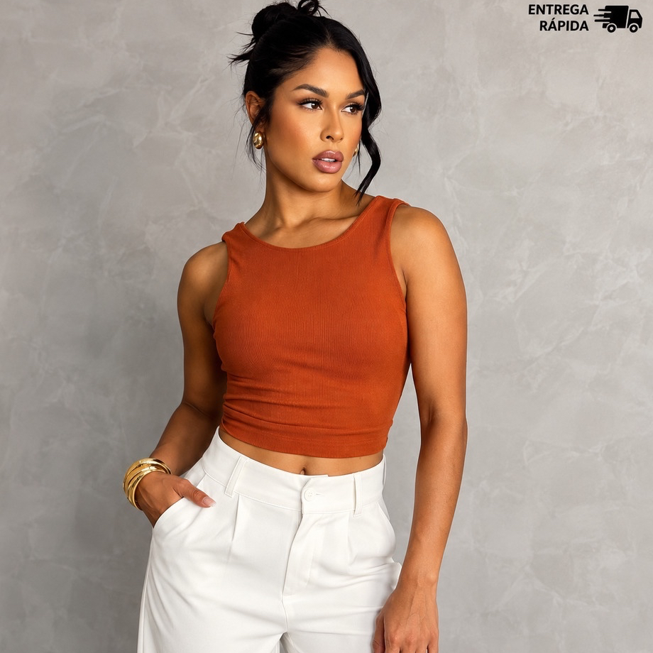Regata feminina canelada costas abertas com amarração ajustável cropped elegante