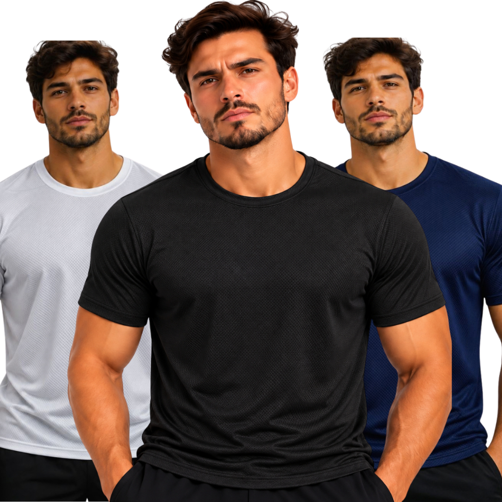 Kit 3 Camisetas Masculinas Dry Fit Grão de Arroz/Colmeia | Anti Odor, Secagem Rápida, Não Deforma, Reforço Ombro a OmBRO