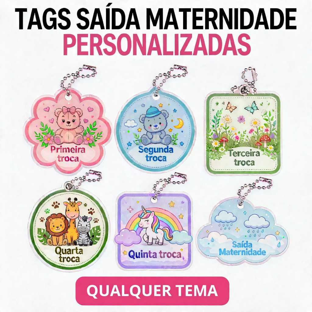Kit 6 Tags Saída Maternidade Personalizadas Bebê com Nome Identificação Roupinhas Mala Maternidade