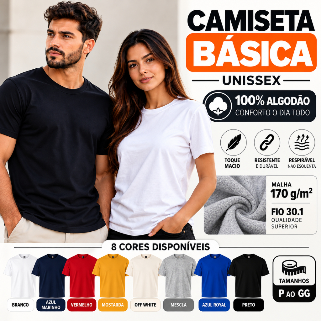 Camiseta Básica Unissex 100% Algodão Lisa Masculina Feminina Confortável Plus Size