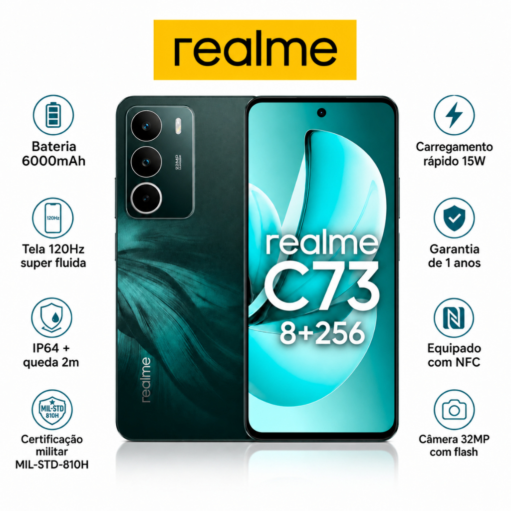 realme C73 8+256 GB Smartphone Celular Versão Global Bateria 6000mAh Câmera 50MP NFC Tela 6,67 Violet