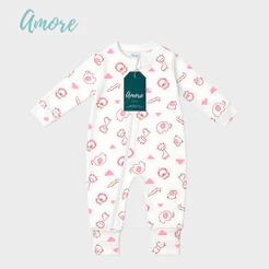 Macacão de Bebê Amore Vira Pé Safari Rosa Com Zíper 100% Algodão