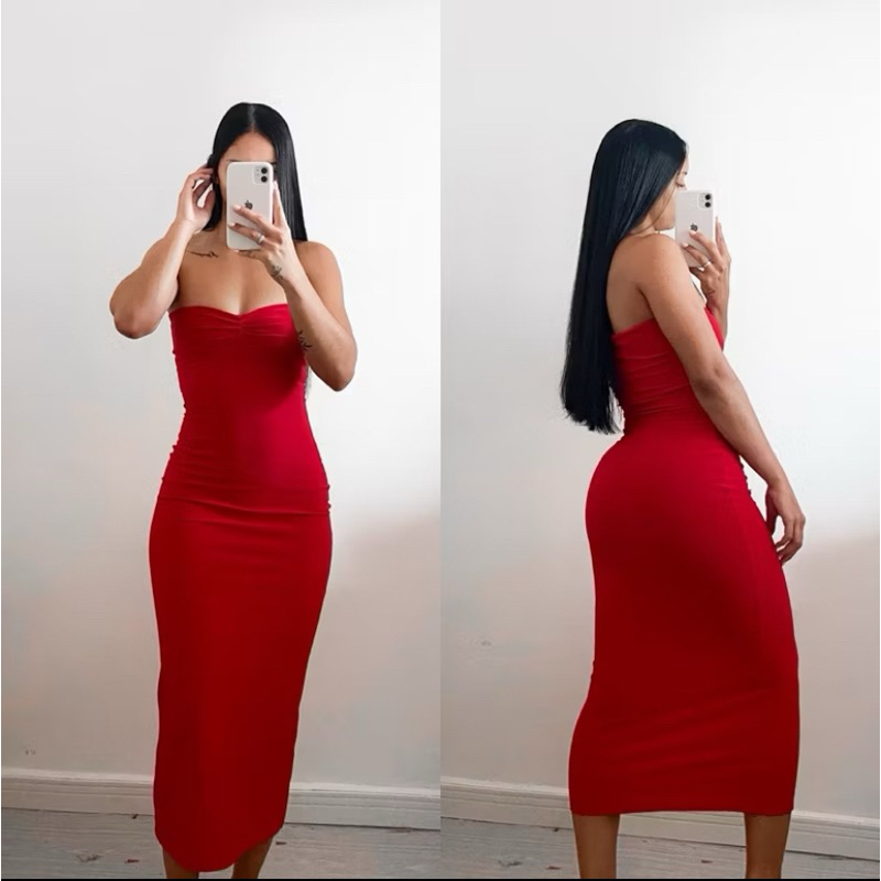 Vestido Midi Frio Inverno Feminino Suplex Azul Marinho Vermelho Tomara Que Caia Tubinho Justo Blogueira