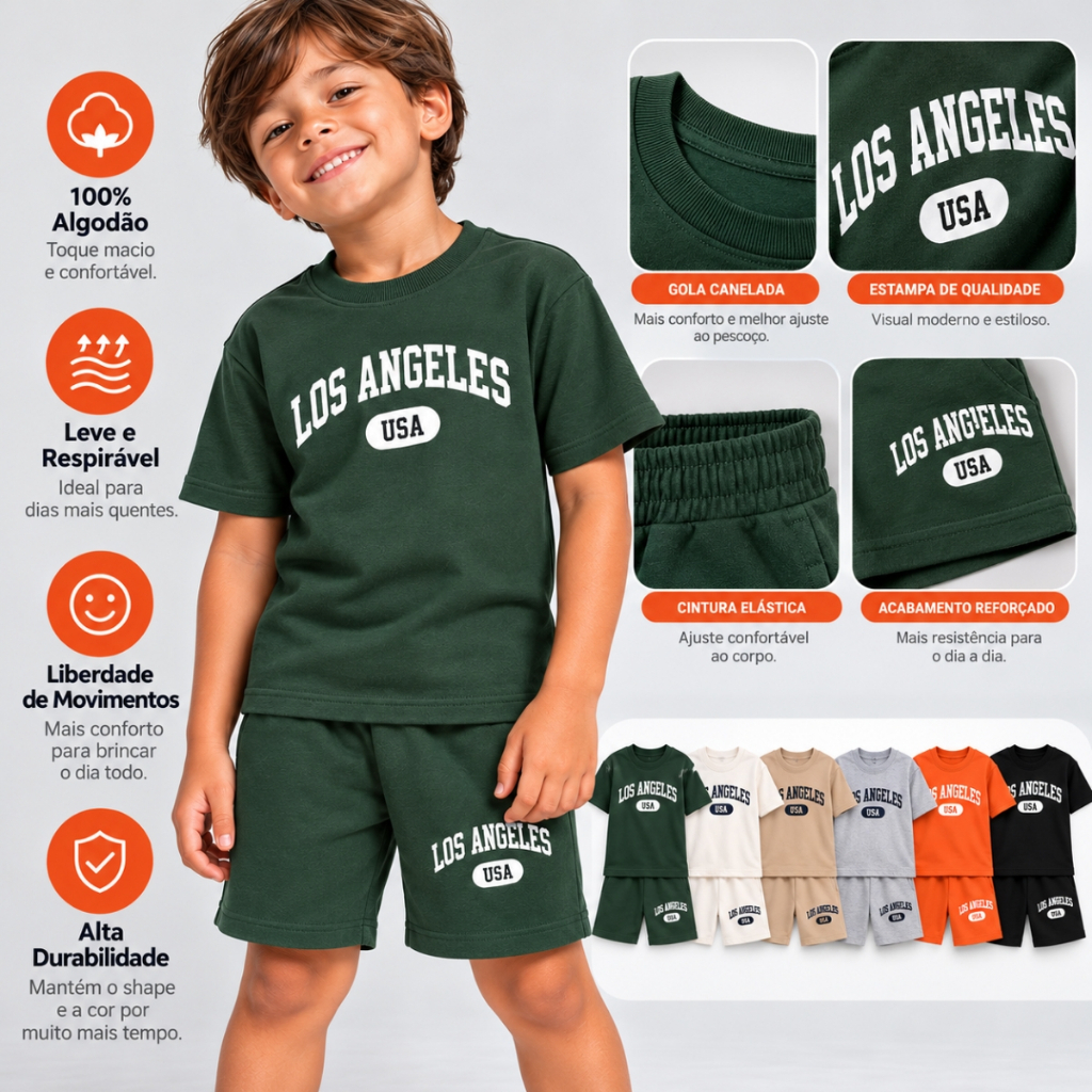 Conjunto Verão Cores Minimalistas Los Angeles Calor Infantil Unissex 1 a 8 anos (Blusa+Bermuda) — imagem 2 de 2