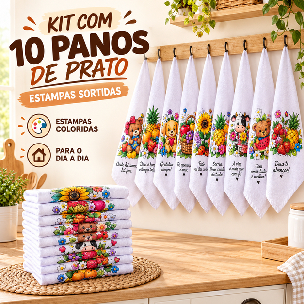 Pano De Prato Estampado Bainha Kit Com 10 Peças cozinha