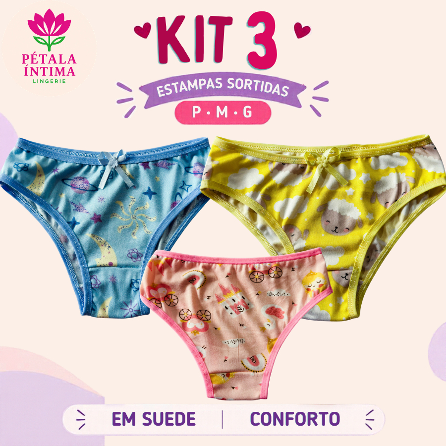 KIT 3 Calcinha Menina Infantil Estampada Suede Poliéster Roupa Íntima Tanga Delicada Modelo Tradicional Estampa Sortida