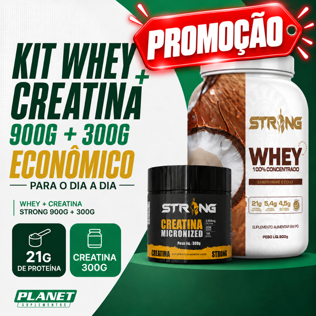 Whey Protein Concentrado + Creatina 300g 100% Pura Ganho de Força e Massa Magra Strong