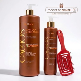 Fattore Kit Cachos Óleos Africanos Manteiga Modeladora 1L e Gelatina Líquida 300ml + Escova – Finalização Completa