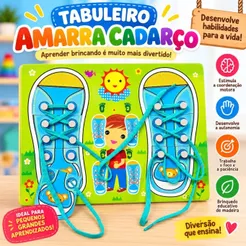 Brinquedo Educativo Montessori Tabuleiro de Amarrar Cadarço em MDF Infantil Coordenação Motora Fina Aprendizado Lúdico