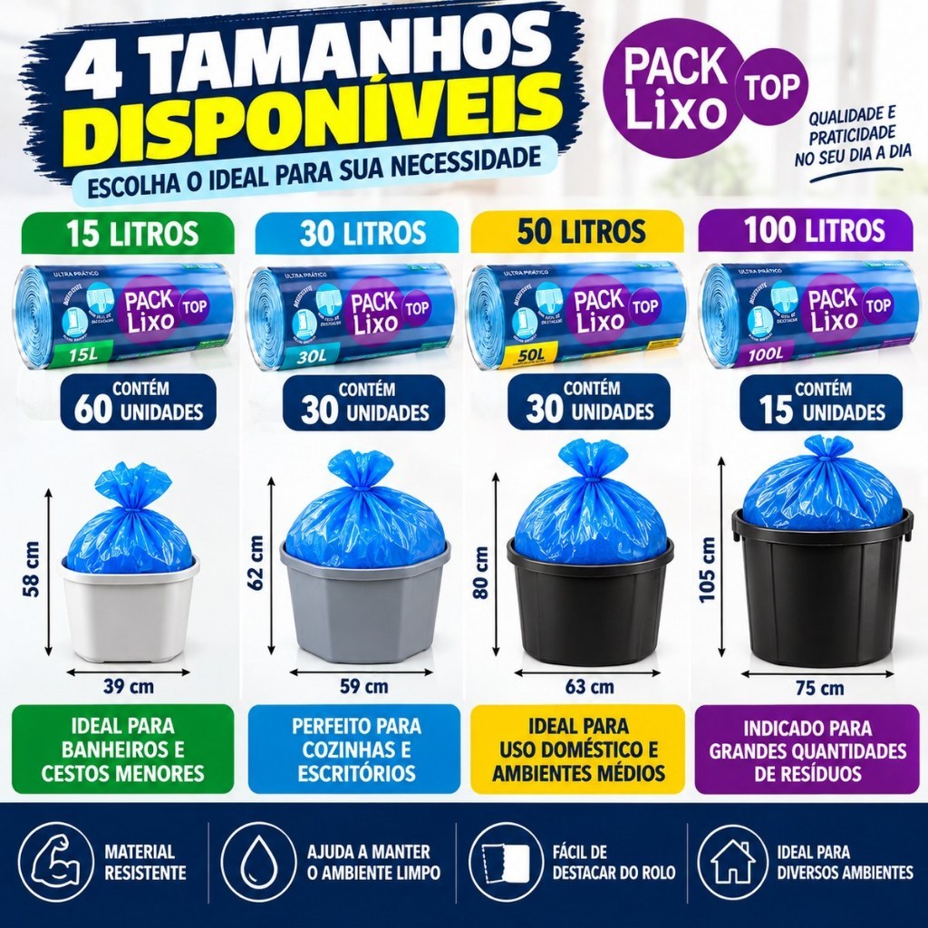 Saco de Lixo Reforçado Azul Tamanhos 15, 30, 50 e 100 litros — imagem 2 de 2