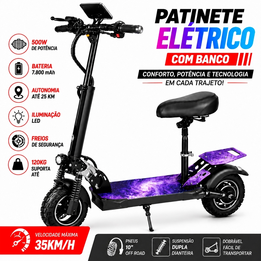Patinete Elétrico Dobrável 500W 48V 10Ah Com Assento, Amortecimento Duplo, Velocidade 45km/h, Autonomia até 36km