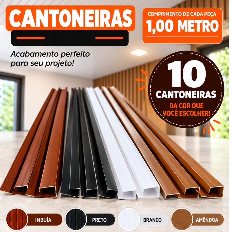 Kit 10 Perfil Cantoneira 1.00m Estilo U Para Placa PVC Encaixe Fácil Acabamento Fino Material Premium 4 Cores Disponível
