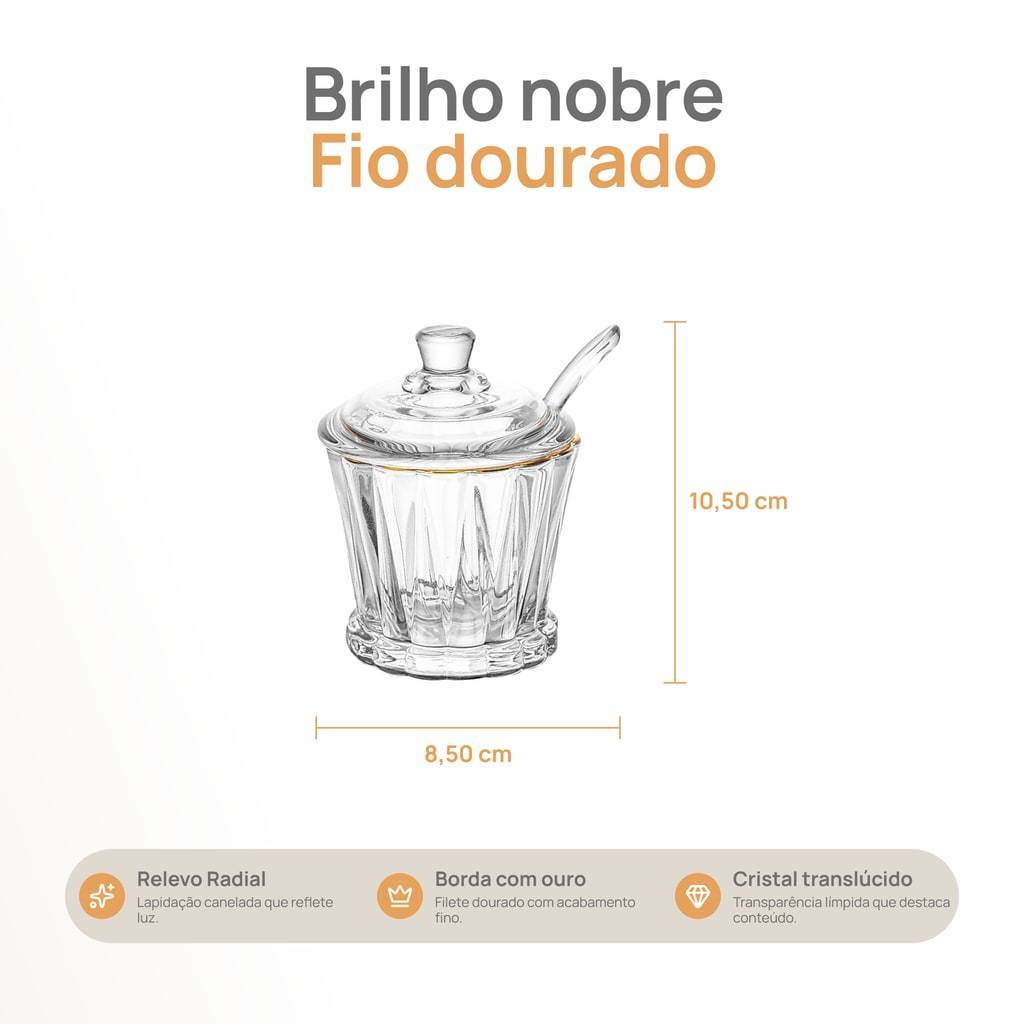 Açucareiro de Cristal com Colher e Tampa Fio de Ouro Radial Lyor 210ml Porta Açúcar Mesa Posta Café Chá Decoração Chique · foto 2