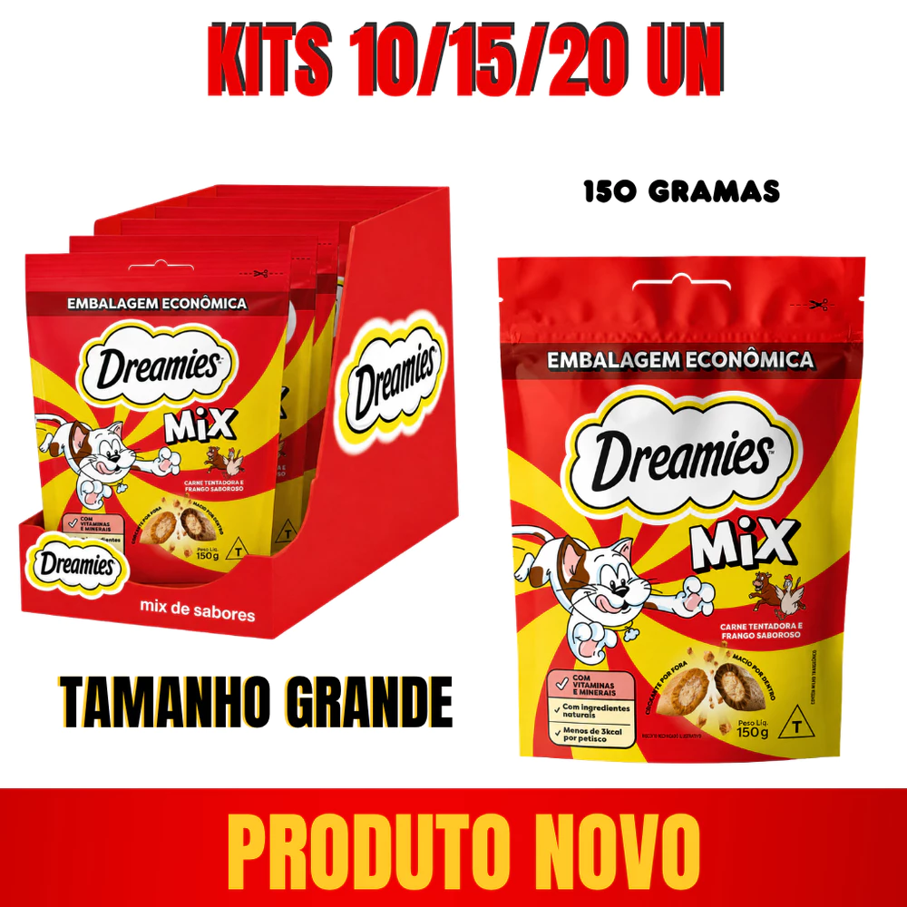 Petisco Dreamies Snack Gato Adulto 150g Petisco Mix Carne e Frango Kits 10/15/20 un
