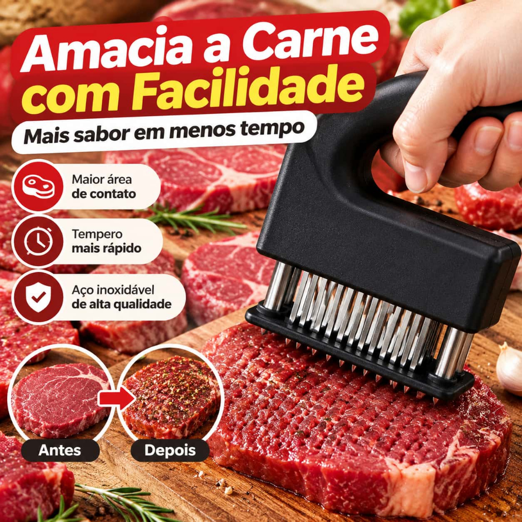 Batedor de Carne Manual Aço Inox 48 Agulhas Amaciador para Churrasco Fácil Limpeza