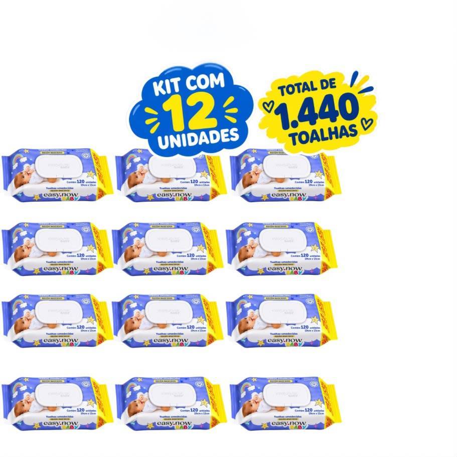 Toalhas Umedecidas para Bebê 12 Pacotes de 120 Folhas cada com Tampa Flip Top Easy Now Baby