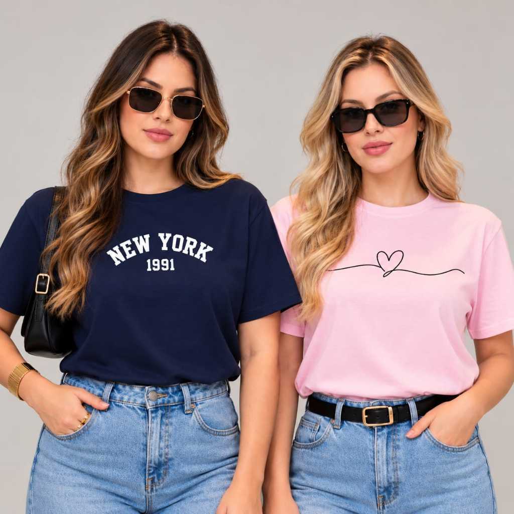 Kit 2 Camisetas Feminina Estampada I Nova York I Coração I 100% Algodão Estilosa Dtf