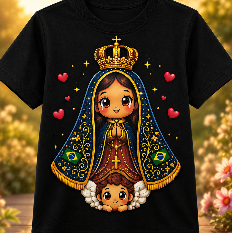 Camiseta Infantil Nossa Senhora Camisa 100% Algodão Mãe Aparecida Blusa Religiosa Fé Católica Cristã Anjo 2 A 16