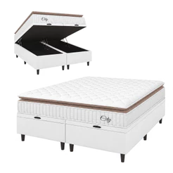 Cama Box Colchão Baú Casal King Molas Ensacadas City Pillow Top 193x203x64cm Branco Hellen