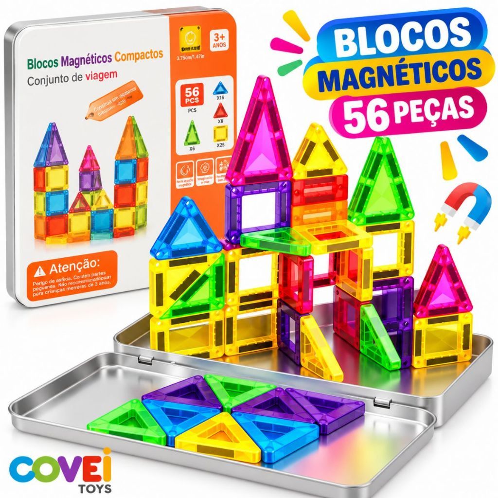 Blocos Magnéticos 36 á 112 Pçs Transparentes De Montar Coloridas Estojo Brinquedo Infantil Crianças