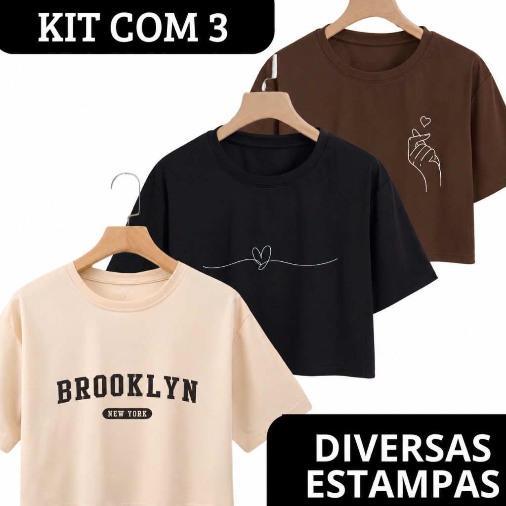 Kit 3 Croppeds Femininos Estampados 100% Algodão Blusa T-Shirt Manga Curta Moda Casual — imagem 2 de 2