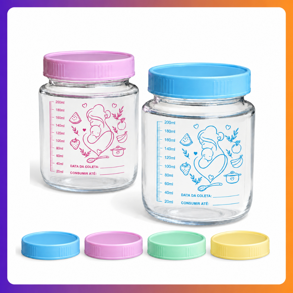 Kit 6/12 Potes De Vidro Graduação 200ml Tampas Plasticas BPA Free Armazenamento de Leite Materno