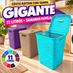 Roupeiro Cesto de Roupa Suja Grande 72L Rattan com Tampa Balaio Lavanderia Banheiro Gigante Família 11 Cores