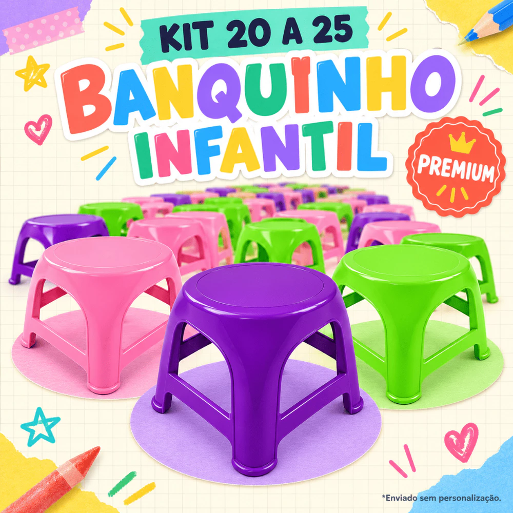 Banqueta Infantil Plástico Reforçado Banquinho Personalização Atacado Suporta 25kg Altura 18cm 9 Cores Criança