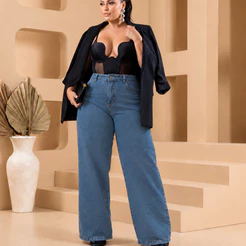 CALÇA JEANS FEMININA PLUS SIZE WIDE LEG 46 AO 54 ALTÍSSIMA QUALIDADE