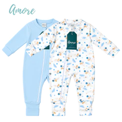 Kit 2 Macacão Longo para Bebê Amore Aviãozinho e Azul Claro Menino 100% Algodão