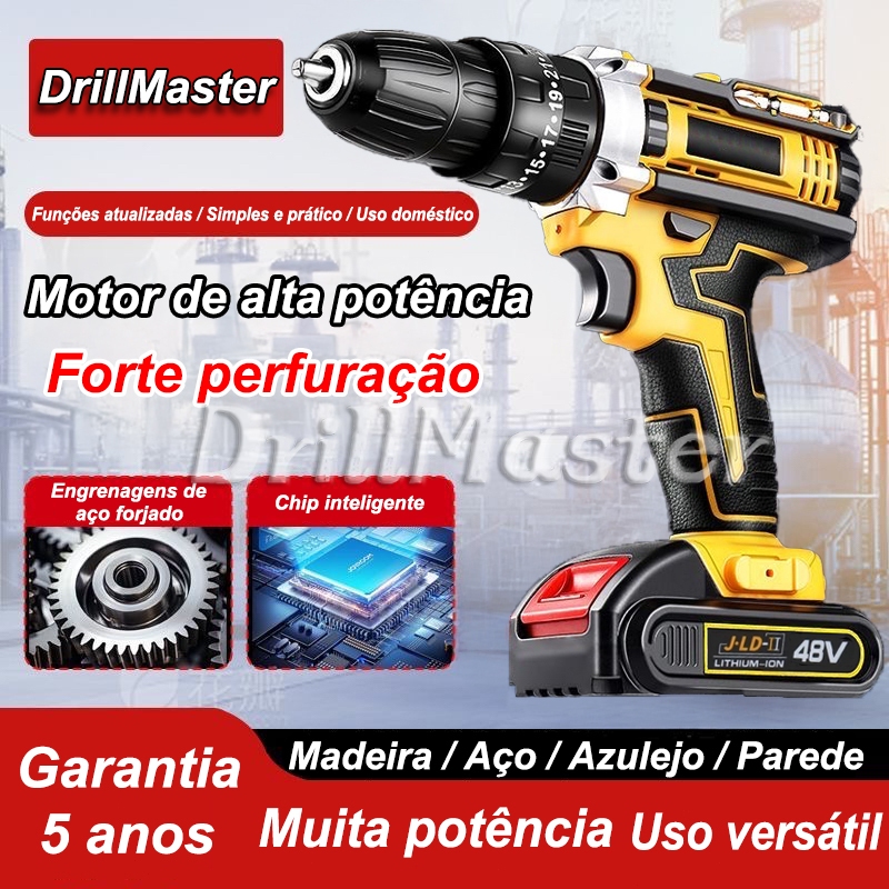 Parafusadeira Furadeira de Impacto Sem Fio 48v a Bateria Recarregável 2 Baterias Com Maleta Completo