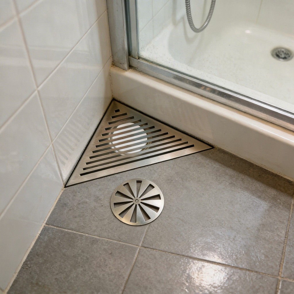 Ralo Linear Triangular De Canto Em Aço Inox 17x17 Para Banheiro Ou Jardim