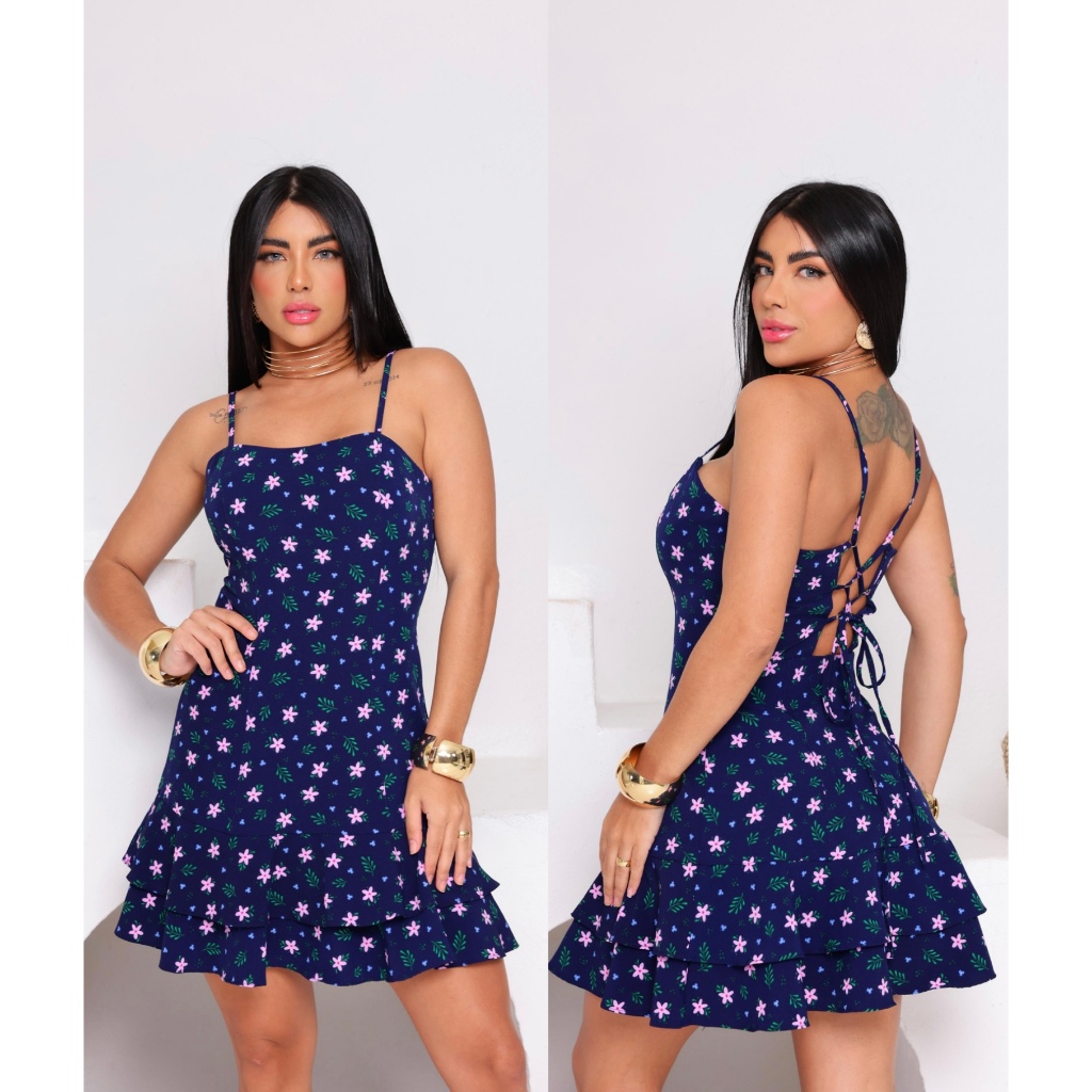 Vestido curto feminino soltinho dois babado alça fina ajustavél feminino moda elegante lançamento
