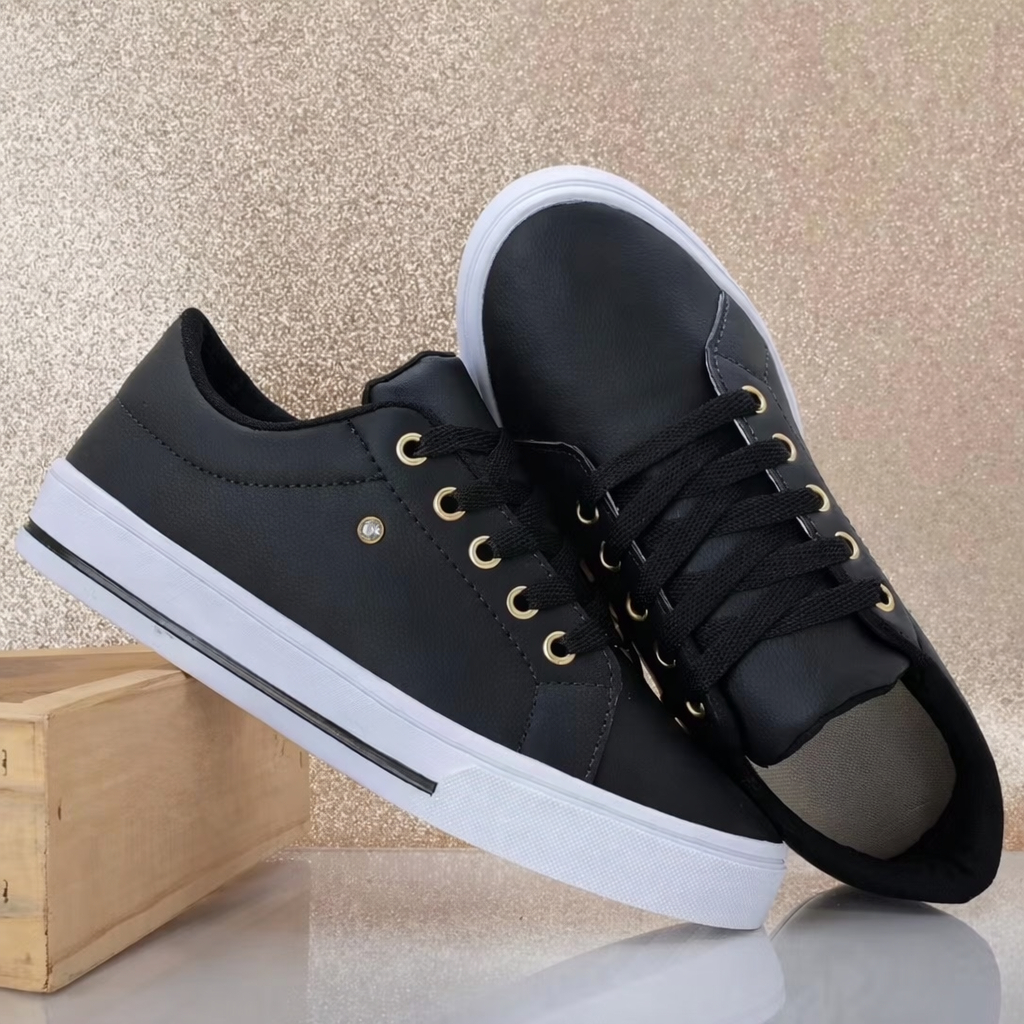 Tênis Feminino Casual Plataforma – Sneaker Urbano com Detalhes Dourados Delicados e Elegantes