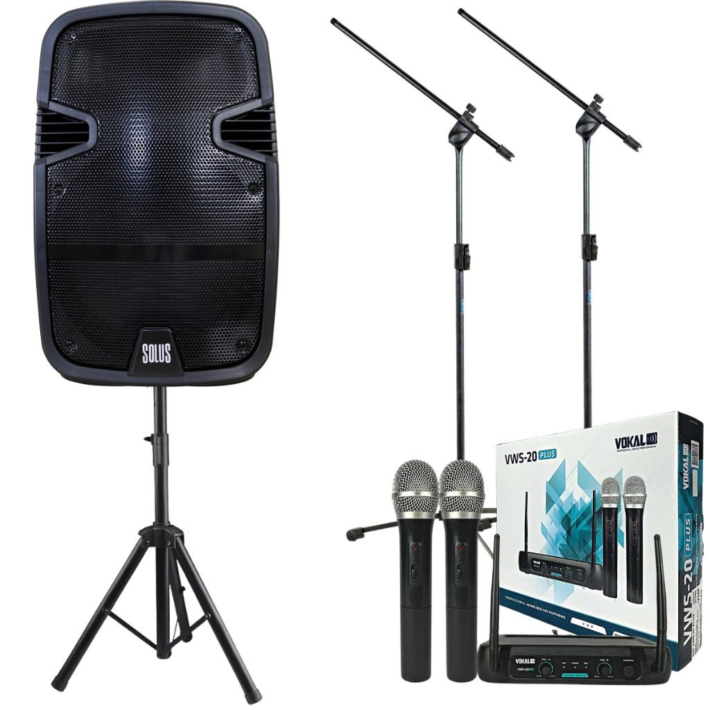 Kit Caixa De Som Amplificada Bluetooth Cs120 + Microfone Sem Fio Vws20 + Tripé Sm032 + Pedestal Tps em Oferta na Shopee