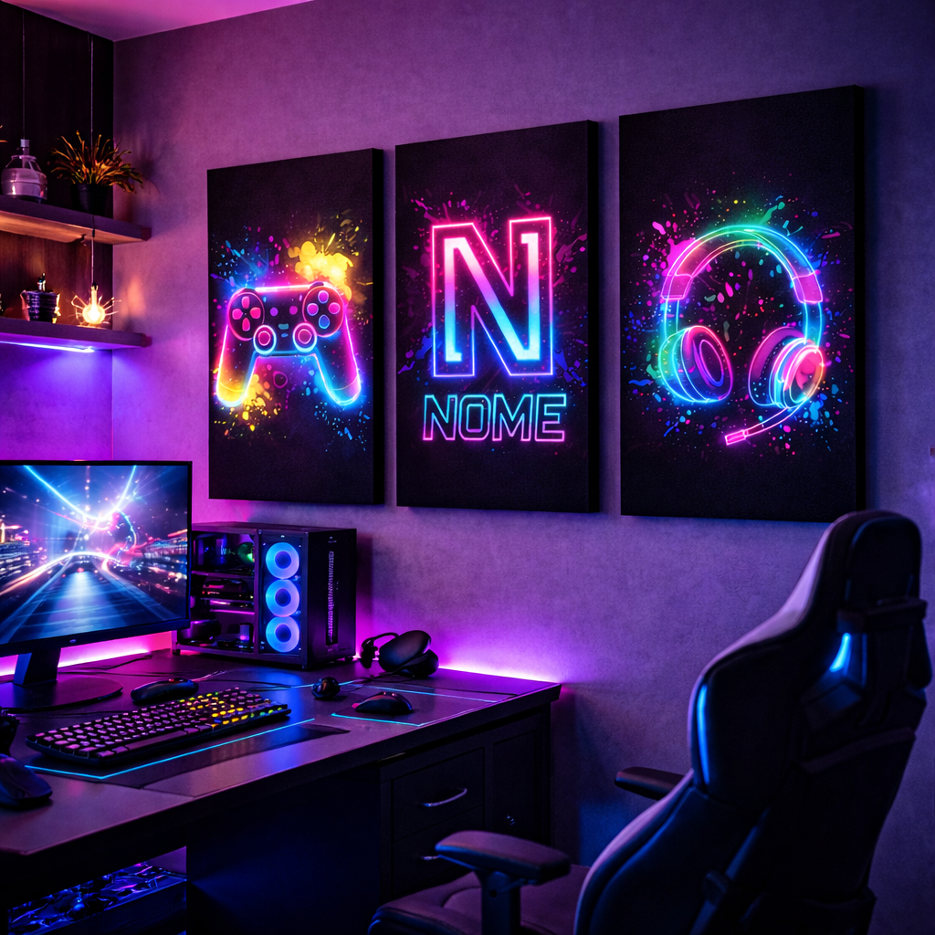 Quadro Decorativo Gamer Personalizado Com Nome Neon Kit 3 Peças Controle Jogos Quarto Decoração em Oferta na Shopee