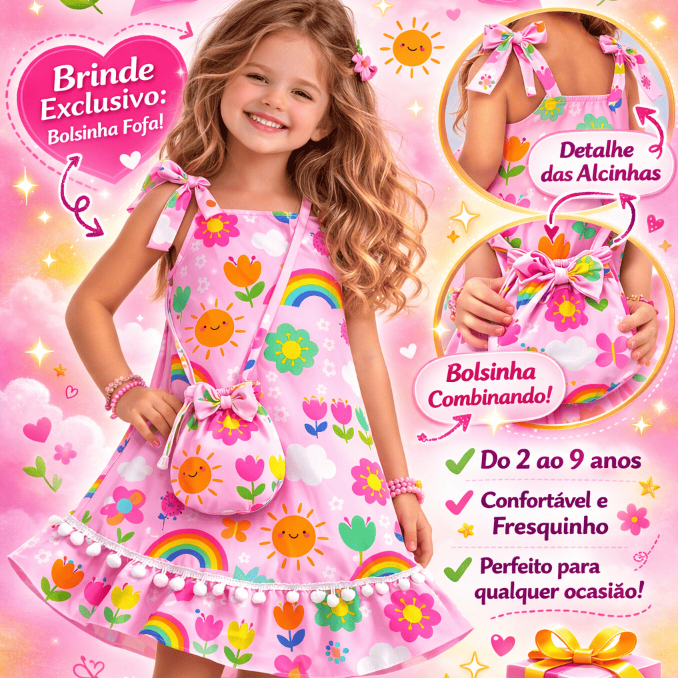 Vestido Infantil Luxo Crepinho com Bolsinha – Alça Ajustável – Roupa Menina 2 ao 10 - Presente e festa