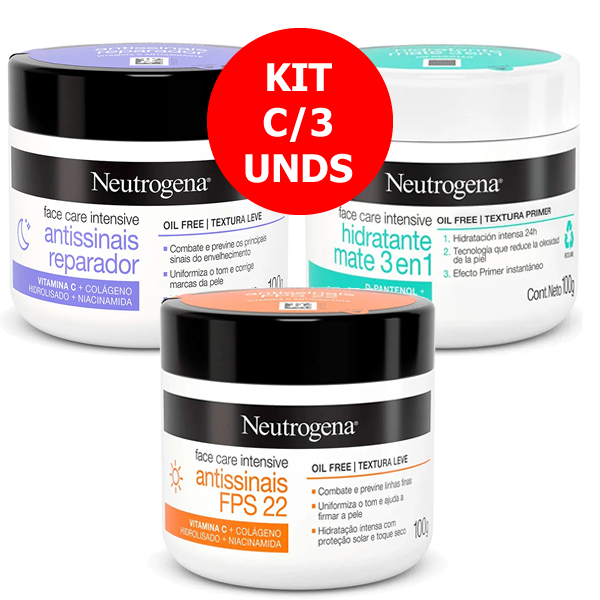 Kit C/3 Neutrogena Face Care 1 Hidratante Matte 3 em 1 + Antissinais Reparador + Antissinais FPS22 100g Cada
