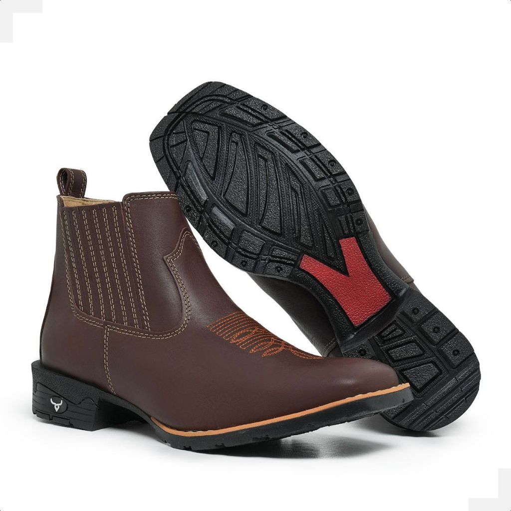 Bota Masculina Botina Texana Country Bico Quadrado Couro Legítimo Cano Curto Rodeio Agro Festa Peão