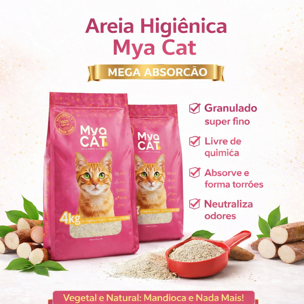 KIT AREIA DE GATO BIODEGRADÁVEL MYA CAT 2 PCT DE 4 KG TOTAL 8 KG  MANDIOCA NATURAL 100% DA TERRA em Oferta na Shopee